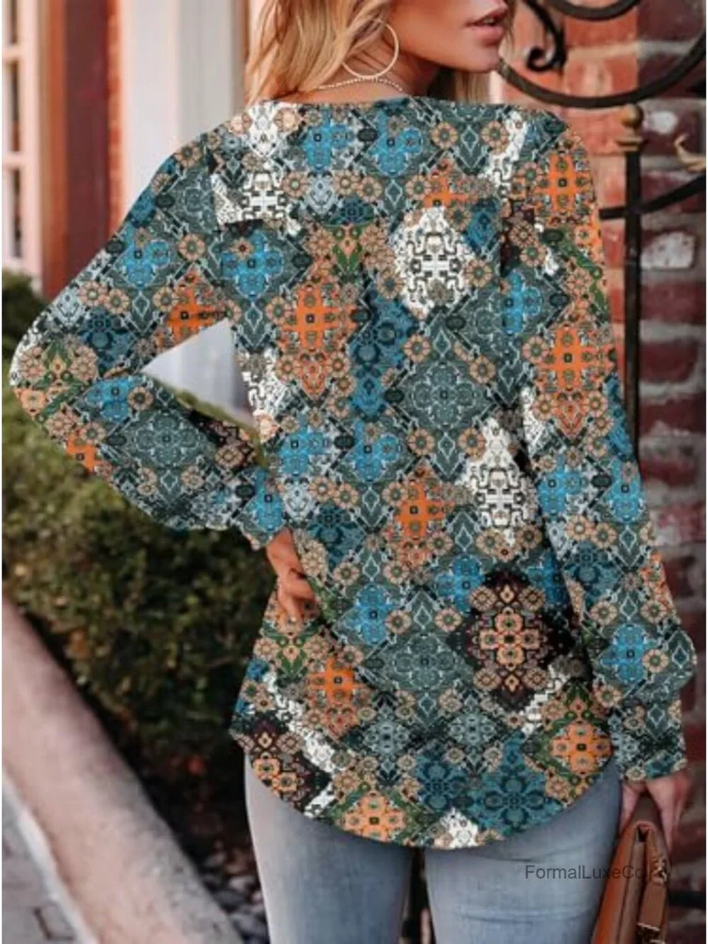 Women Floral Tunic Top Long Sleeve V Neck Casual Blouse